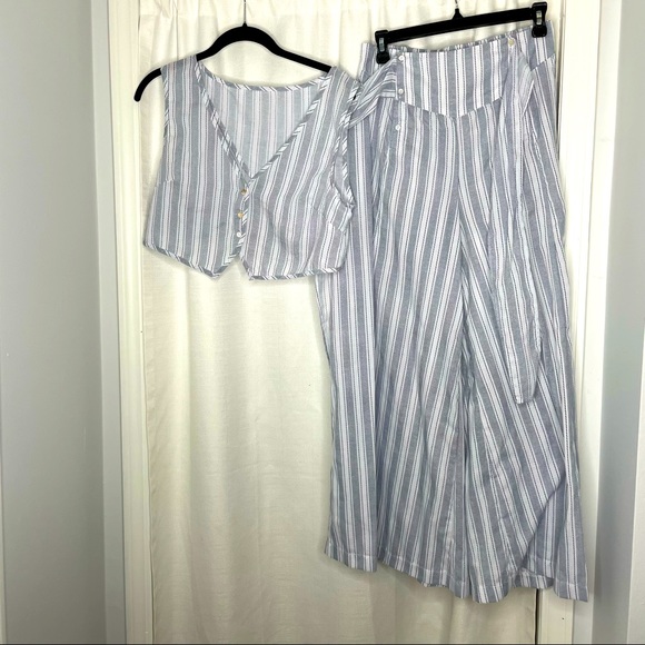 Jaase Pants - Jaase Blue and White Striped Crop Top and Wide Leg Pants Two Piece Set